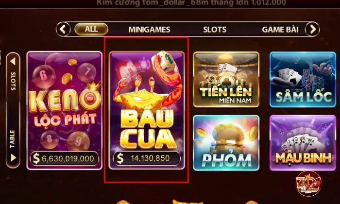 Người chơi chọn Bầu Cua ngay trên giao diện cổng game Zowin